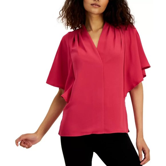Alfani Women's Mixed-Media Flutter-Sleeve Top, Berry Haze - Picture 1 of 10